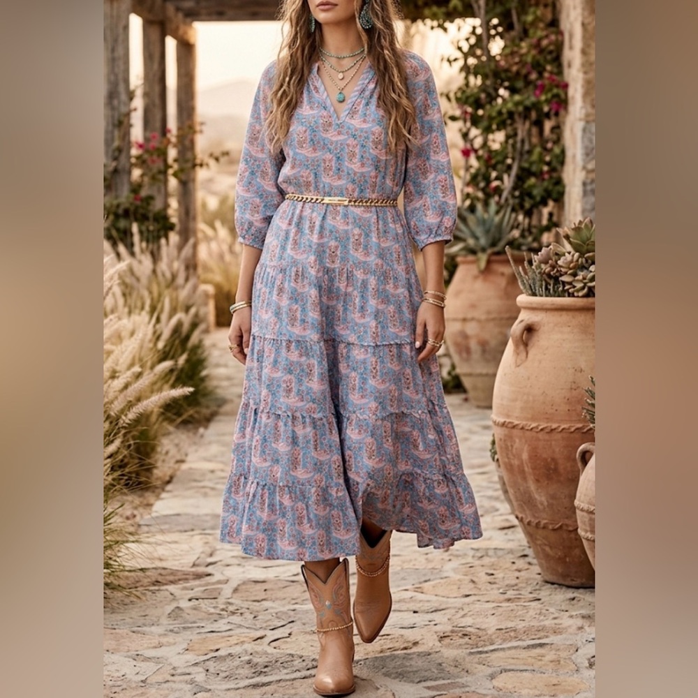 Printfresh Blue Pink Cowboy Boot Floral Organic Cotton Tiered Midi Dress Small